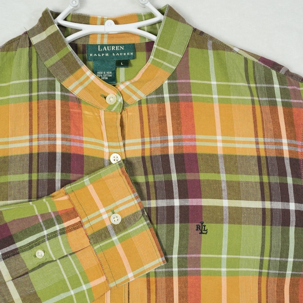 Lauren Ralph Lauren Green Orange Plaid Band Collar Cotton Shirt Womens Large